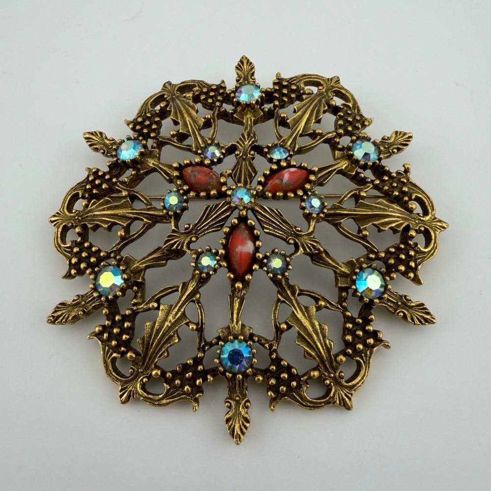 Emmons Vintage Brooch Gold Tone Blue AB Rhinestone Red Cabochon Ornate Mandala